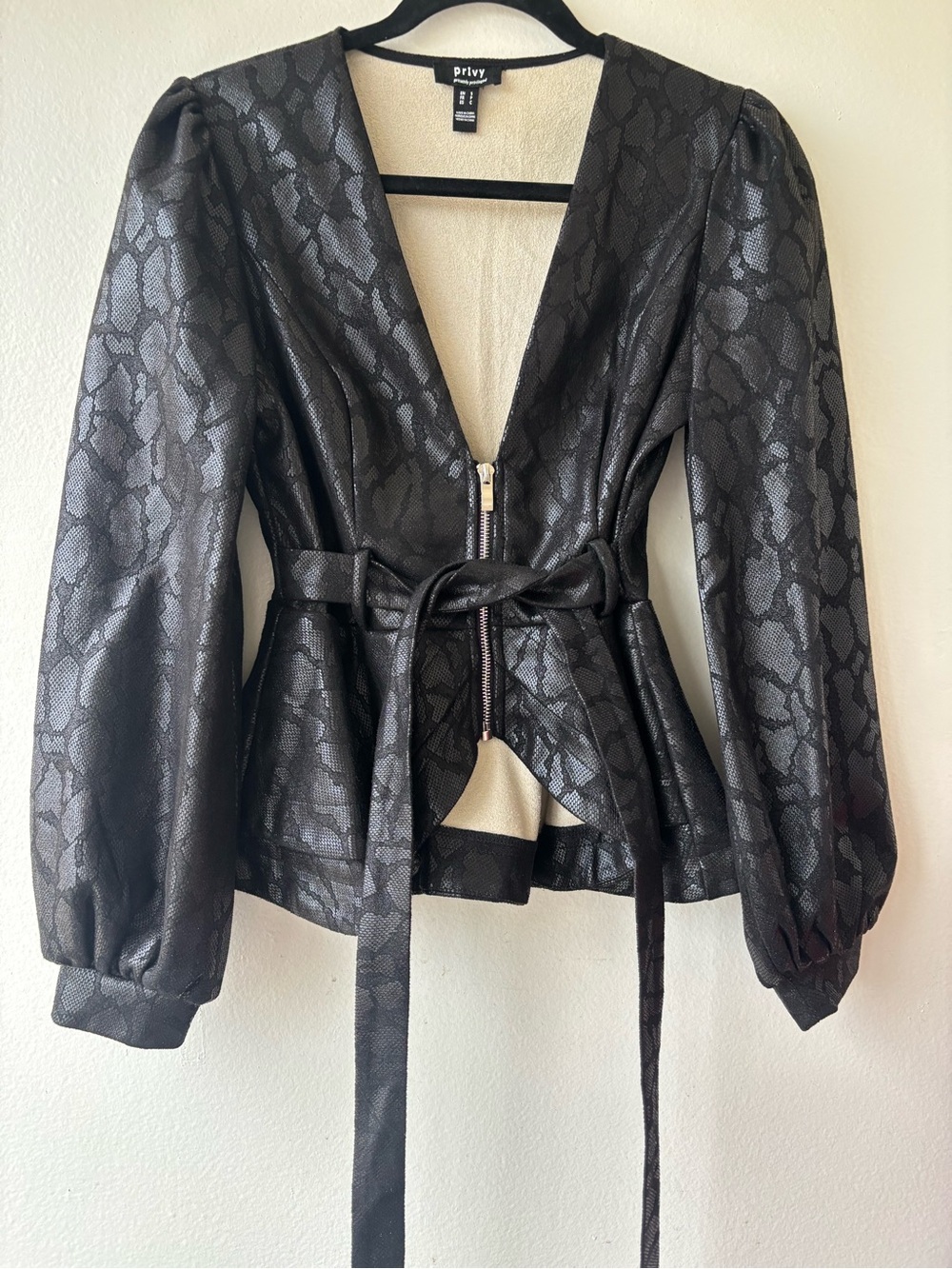 privy Black Snake-Print Faux Leather Belted Jacket